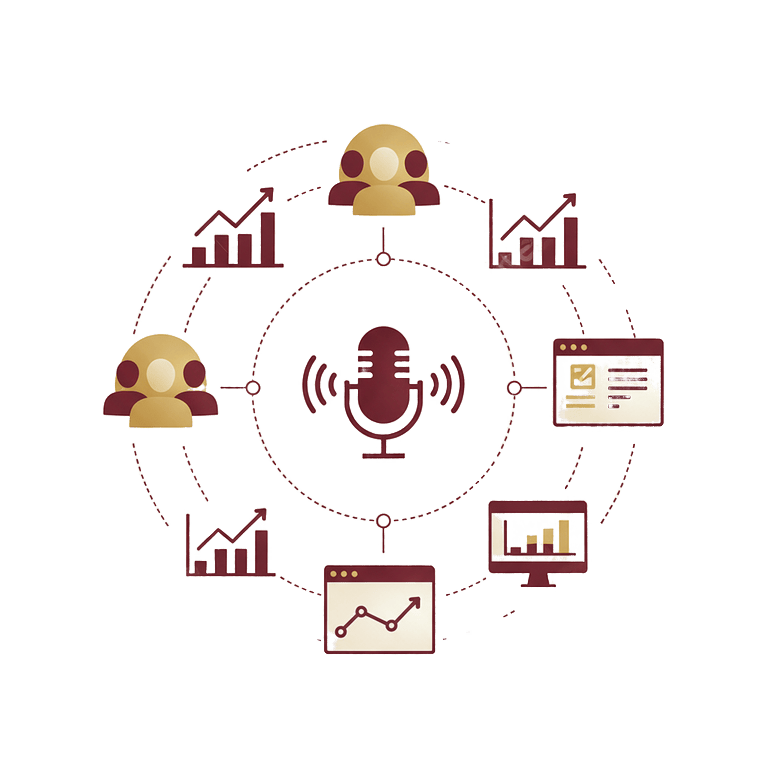 Microphone surrounded by analytics and user icons, symbolizing communication and growth at Scale Community Events.