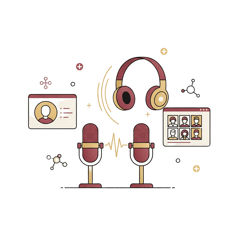 Podcast and virtual meeting icons with microphones and headphones, exclusively from Scale Community Events.