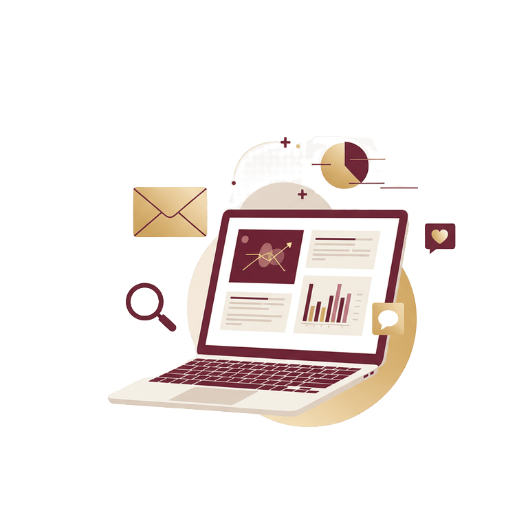 Laptop with analytics, email, and social icons, showcasing digital communication tools, only available at Scale Community Events.